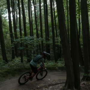 Cyclist skillfully maneuvers a mountain bike through a forest trail edge.